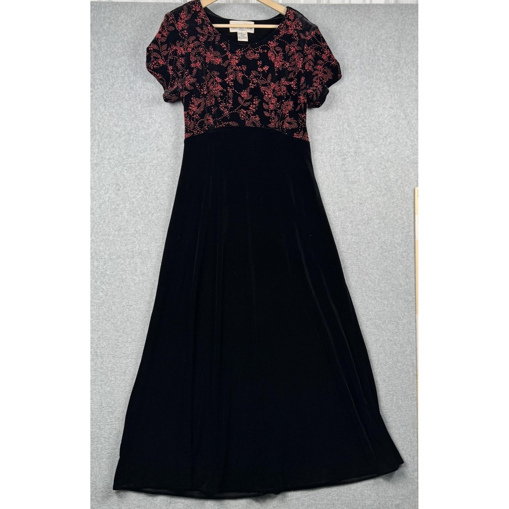 VTG Another Thyme Maxi Dress Womens 14 Black Red Velvet Glitter Floral Babydoll